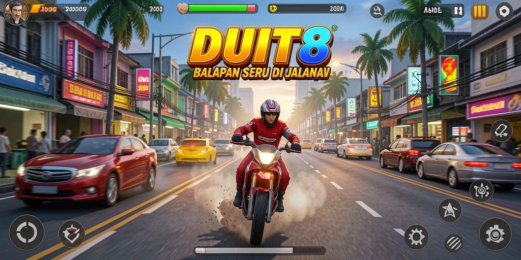 Screenshot utama DUIT8 menampilkan aksi balapan motor yang mendebarkan.