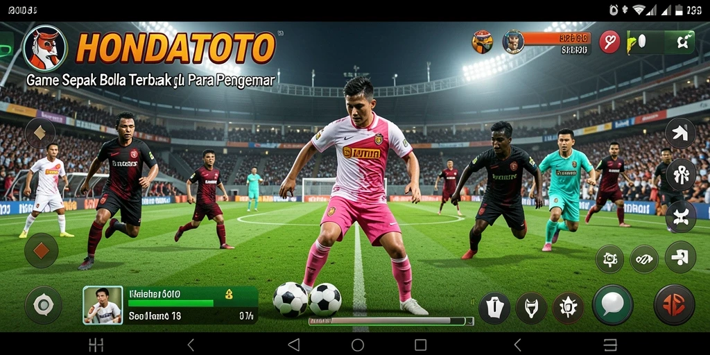 Screenshot gameplay HONDATOTO menampilkan aksi seru di lapangan sepak bola.