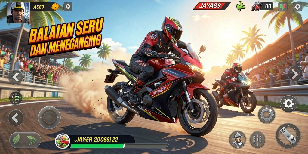 Screenshot gameplay JAYA89 menunjukkan aksi balapan motor yang mendebarkan.