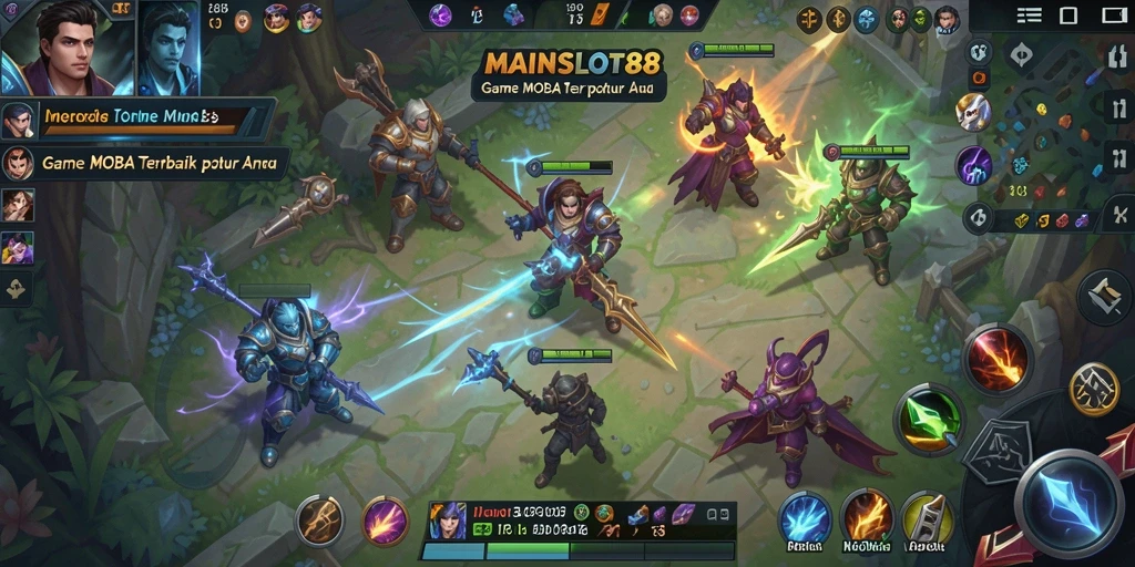 Screenshot gameplay MAINSLOT88 yang menampilkan pertarungan seru dalam arena MOBA.